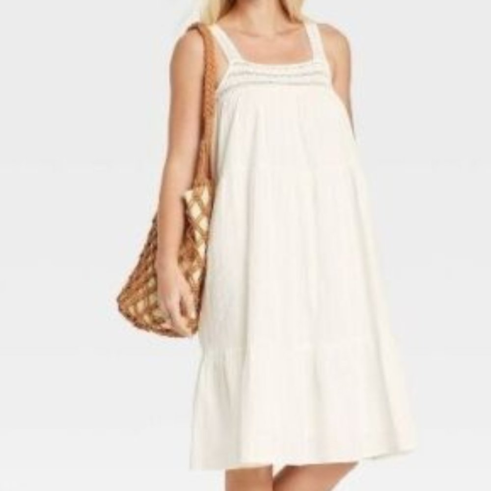 NWT Romantic Boho White Graze Midi Tiered Dress Crochet Lace Straps & Trim ~ XL